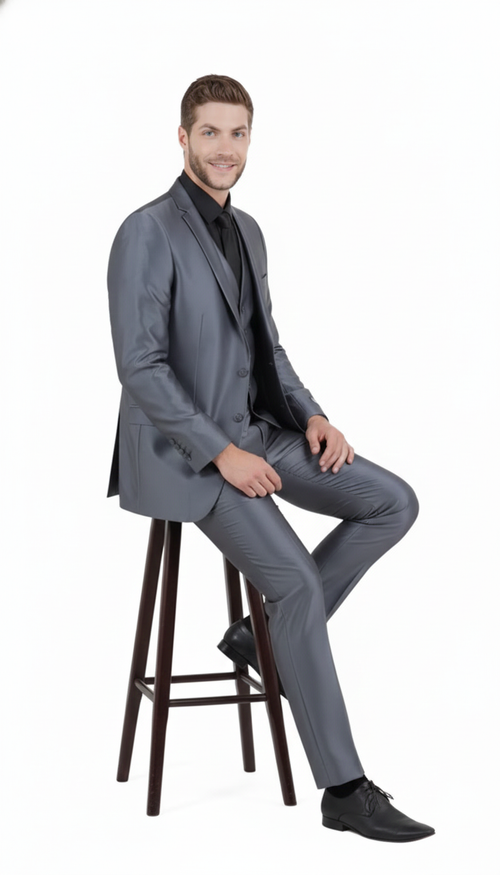 Mens Dark Grey Shiny Two-Piece Suit Slim Fitted Formal Jacket and Tailored Pants - Sateen Metalic in Charcoal Gray Color
