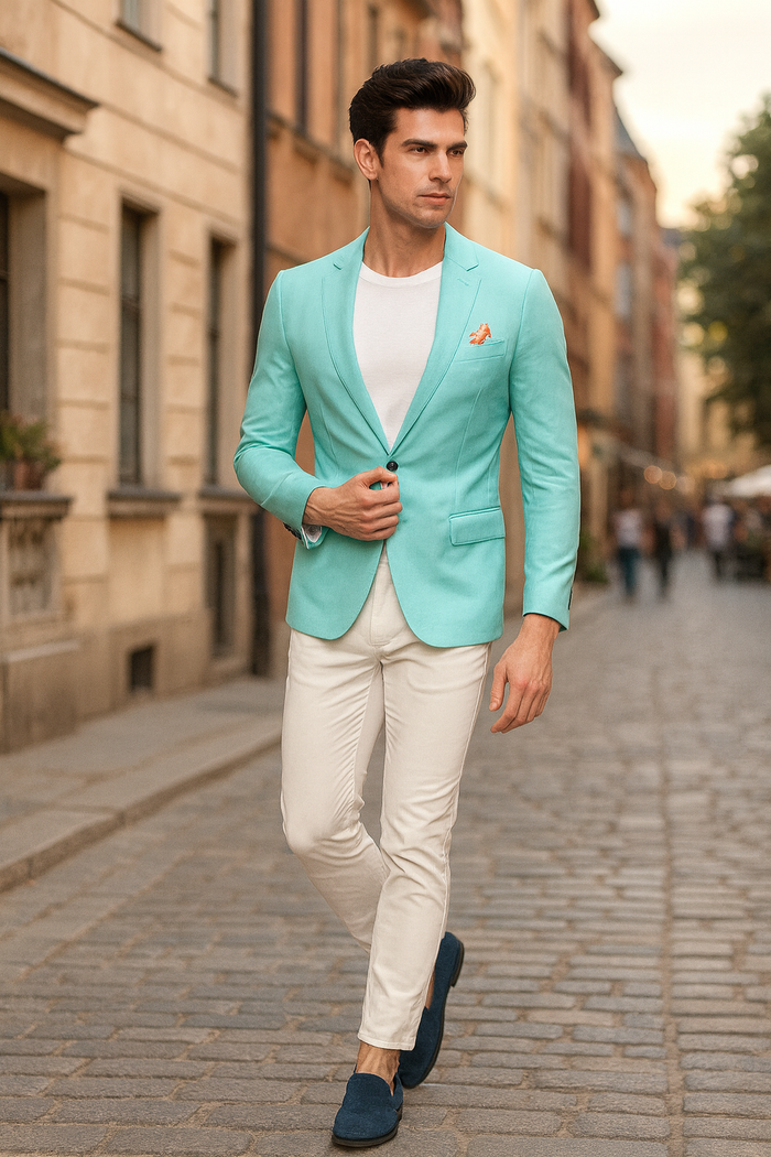 Mens Aqua Blazer Slim Fit One Button Suit Jacket with Stylish Floral Inner Lining - Light Turquoise