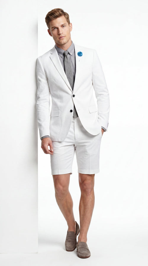 Men’s Cotton Fabric White 2 Piece Summer Suit with Shorts, Casual Beach Wedding and Resort Formal Outfit