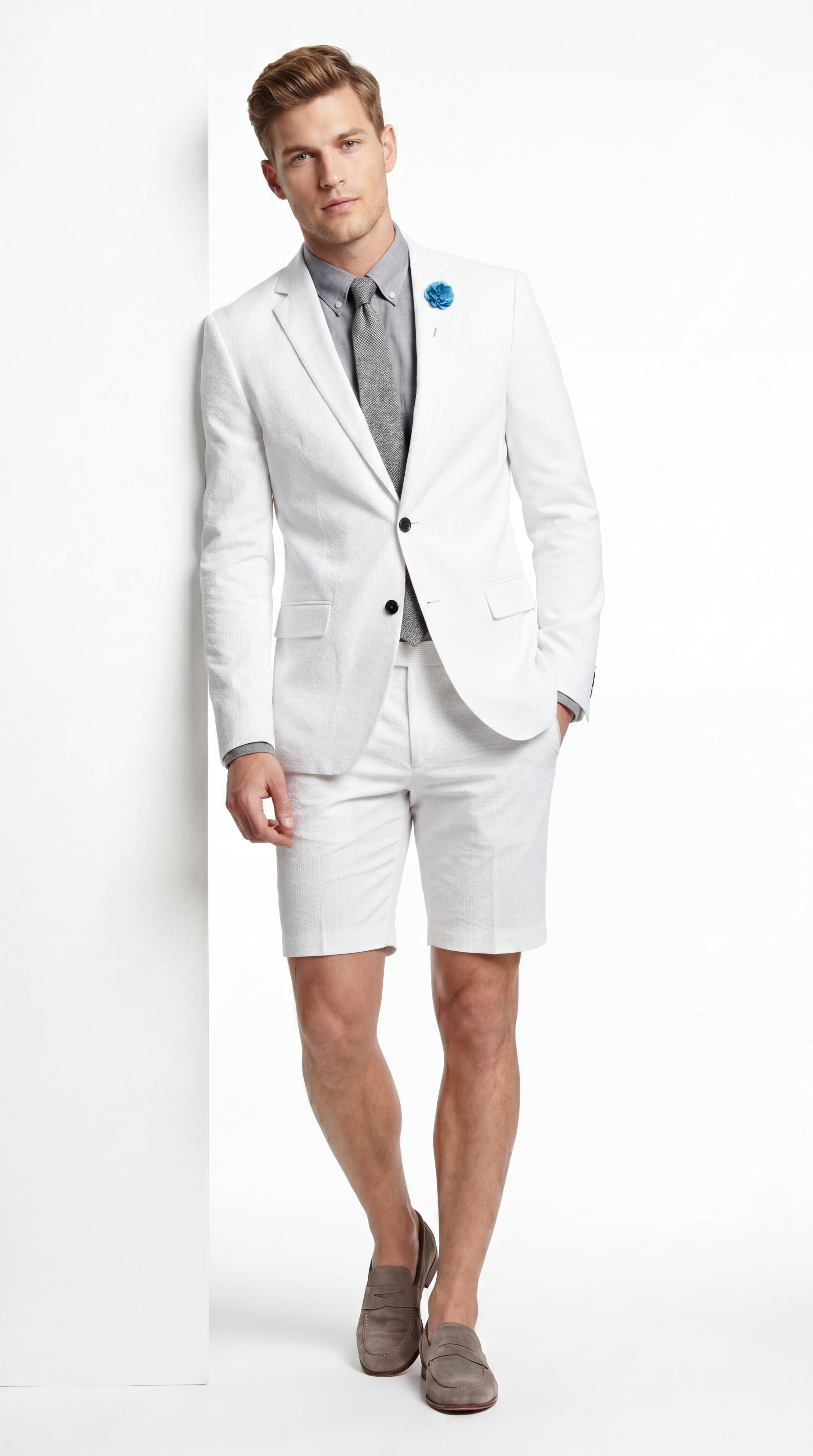 Men’s Cotton Fabric White 2 Piece Summer Suit with Shorts, Casual Beach Wedding and Resort Formal Outfit