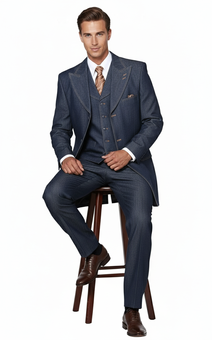 Mens Cotton Denim Three-Piece Suit Modern Blazer Denim Suit with Vest and Trousers Pleated Pants Classic Fit
