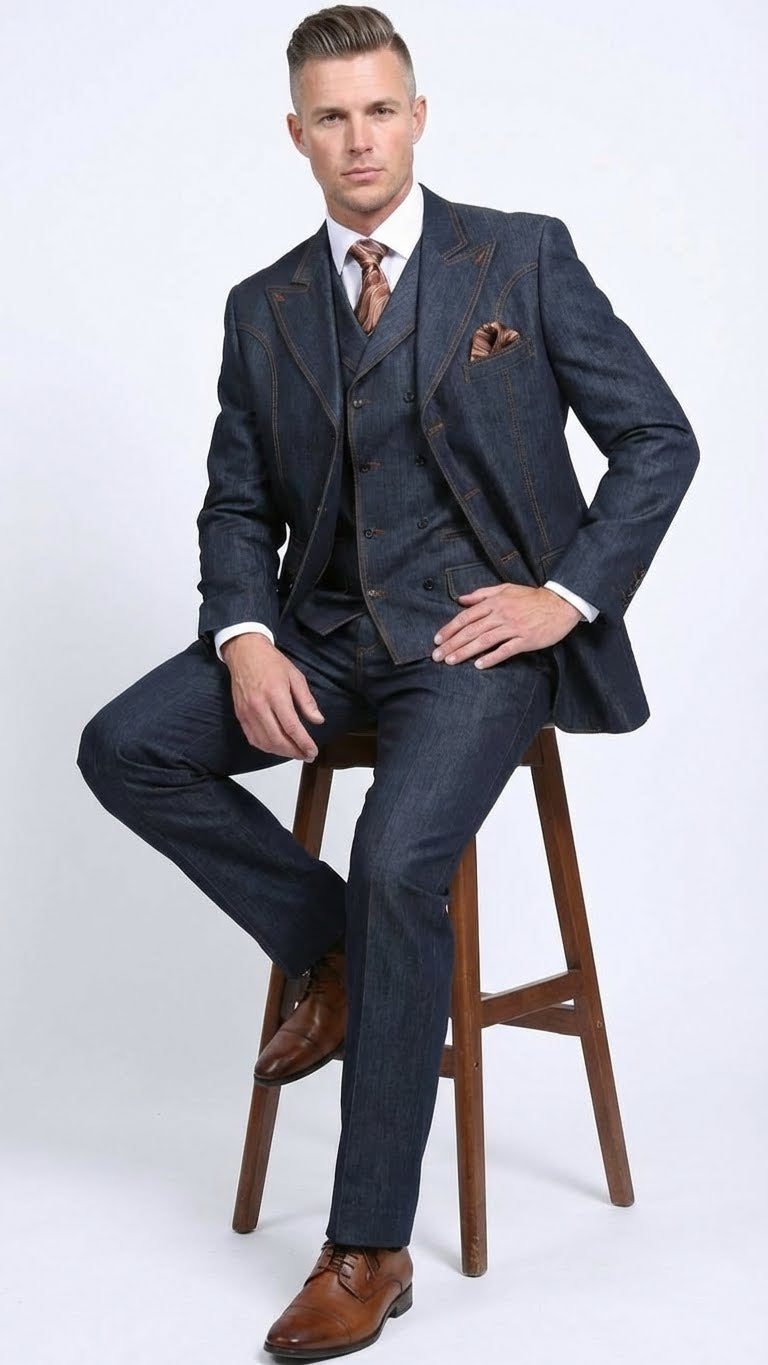 Men’s Dark Denim Blue Fabric Suit – Classic Three Piece Denim Suit for Wedding, Party and Formal Events - 34 Short or Extra Small