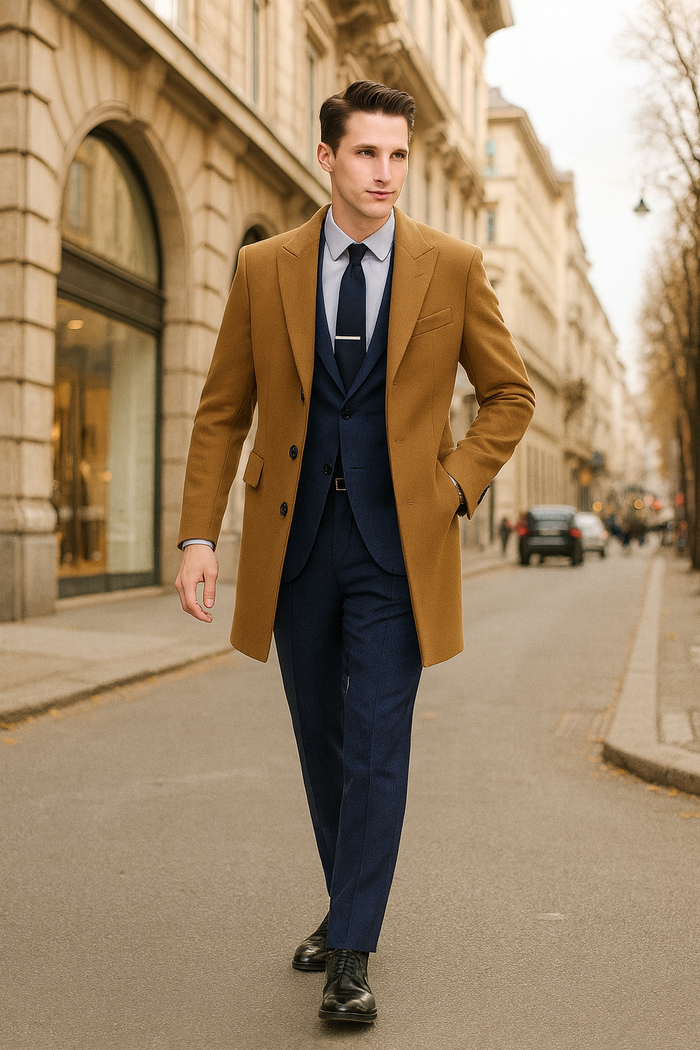 Mens Camel Brown Wool Overcoat â€“ Classic Long Dress Coat for Business and Casual Wear in Vecuna Color