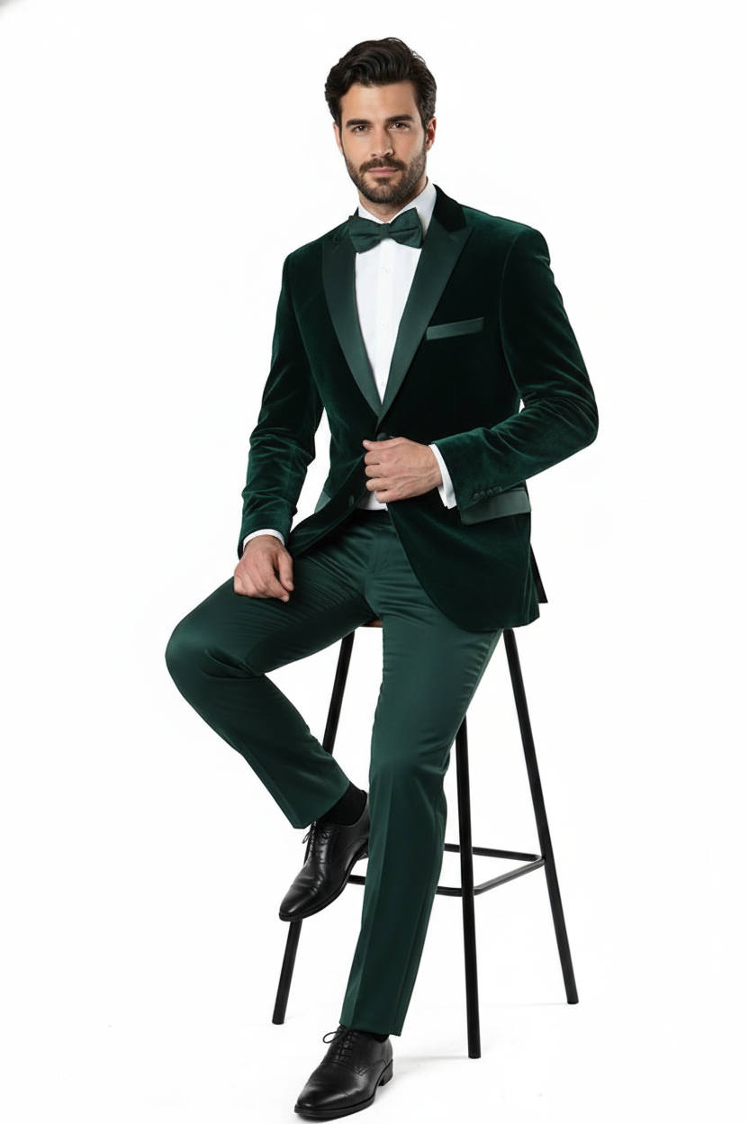 Men’s Dark Green Velvet Tuxedo Dinner Jacket – Slim Fit Formal Blazer with Satin Peak Lapel Lape - 36 Short