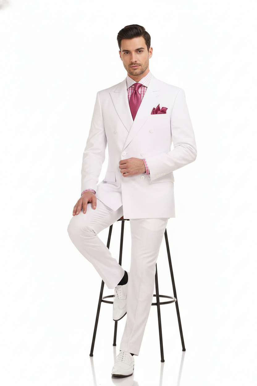 Men’s White Double-Breasted 3-Piece Suit Set – Premium Tailored Fit Formal Wedding and Evening Suit - 34 Short or Extra Small