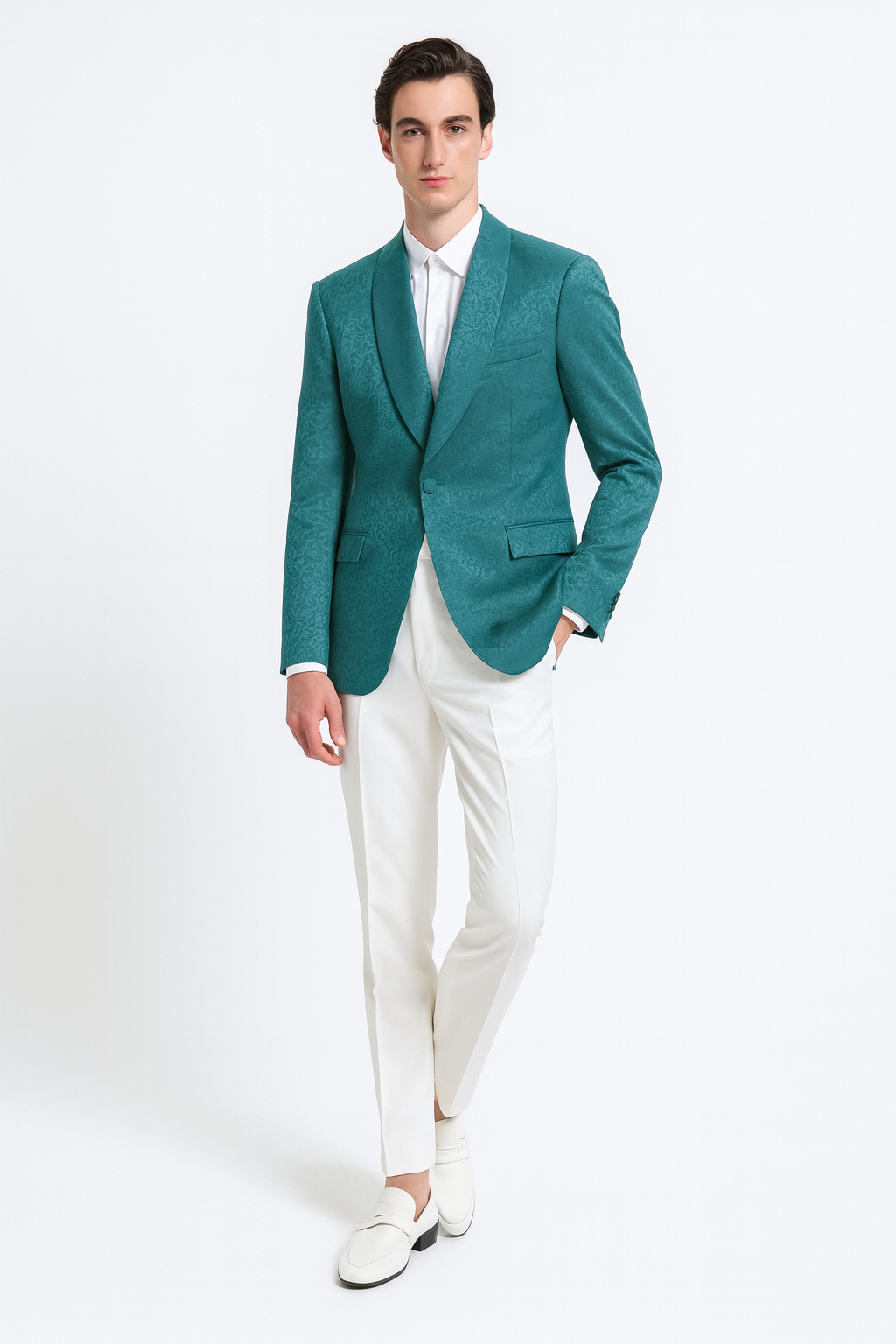 Men’s Teal Green Floral Jacquard Blazer – Slim Fit Tuxedo Jacket for Weddings, Proms, and Parties - 34 Short