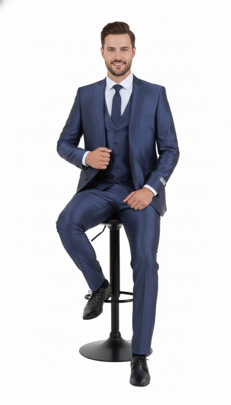 Men’s Navy Blue Shiny Finish 3-Piece Suit Set – Premium Tailored Fit Formal Wedding and Party Sateen Slim Fitted Suit - 34 Short or Extra Small
