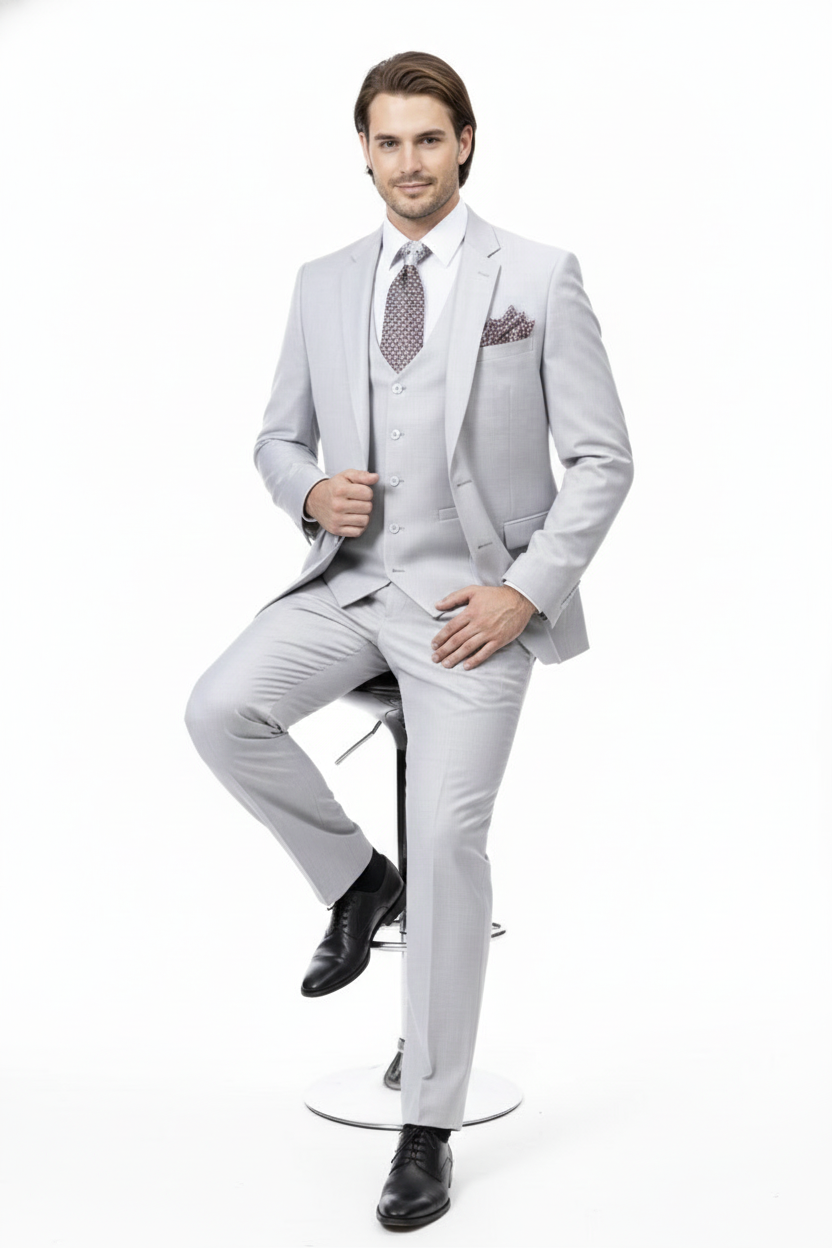 Men’s Very Light Gray Three-Piece  Wedding Suit 2 Buttons Modern or Slim Fit  Ash Bone Color Steel Grey - 34 Short or Extra Small