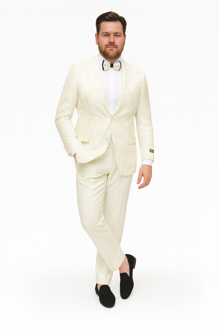 Mens Ivory Floral Embroidered Tuxedo Jacket Elegant Wedding and Party Blazer in Cream Color With Ivory Pants
