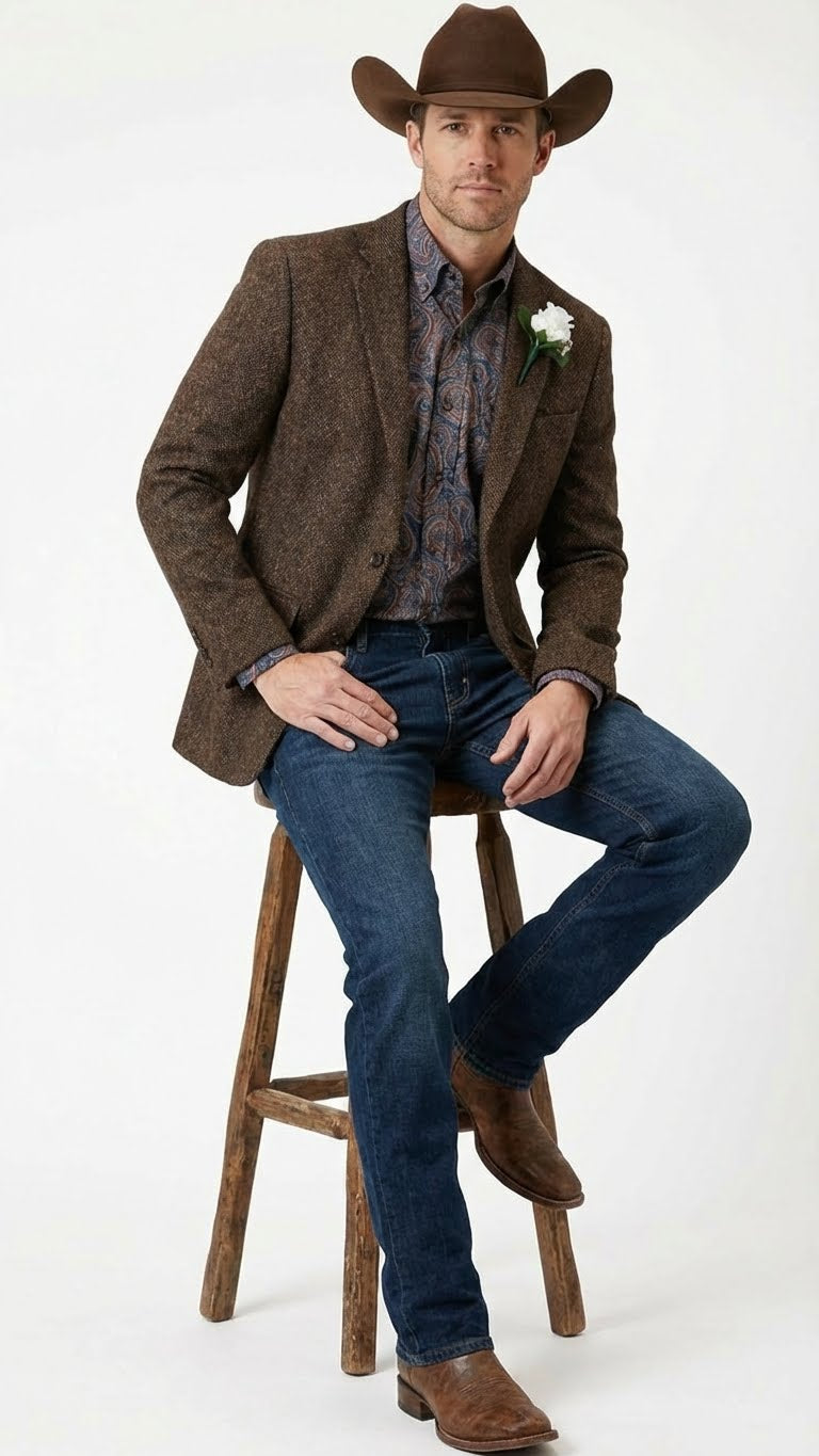 Mens Brown Western Tweed Herringbone Blazer Jacket  Classic Cowboy Style Sport Coat for Wedding Party
