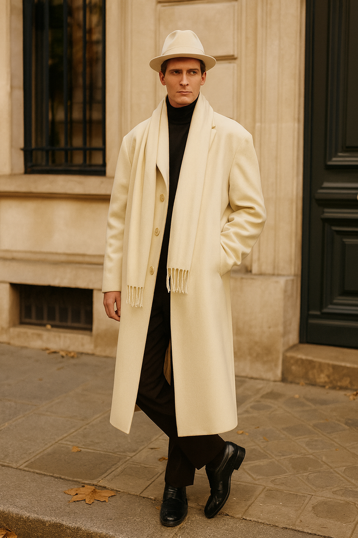 Mens Long Cream Overcoat Wool Fabric in Ivory Off White Color Full length