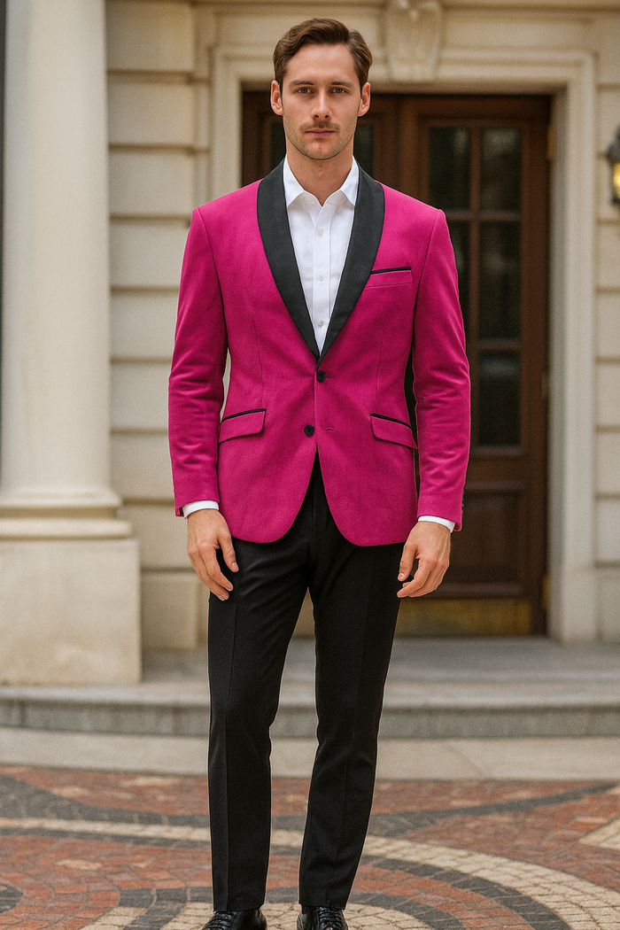 Mens Fuchsia Tuxedo Blazer with Black Satin Lapel â€“ Stylish Party and Wedding Jacket in Hot Pink Color with Black Pants