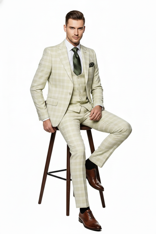 Mens Light Beige Check 3-Piece Suit Set  Premium Tailored Fit Formal Wedding and Spring Event Suit Light Tan Sand Color By Rossiman
