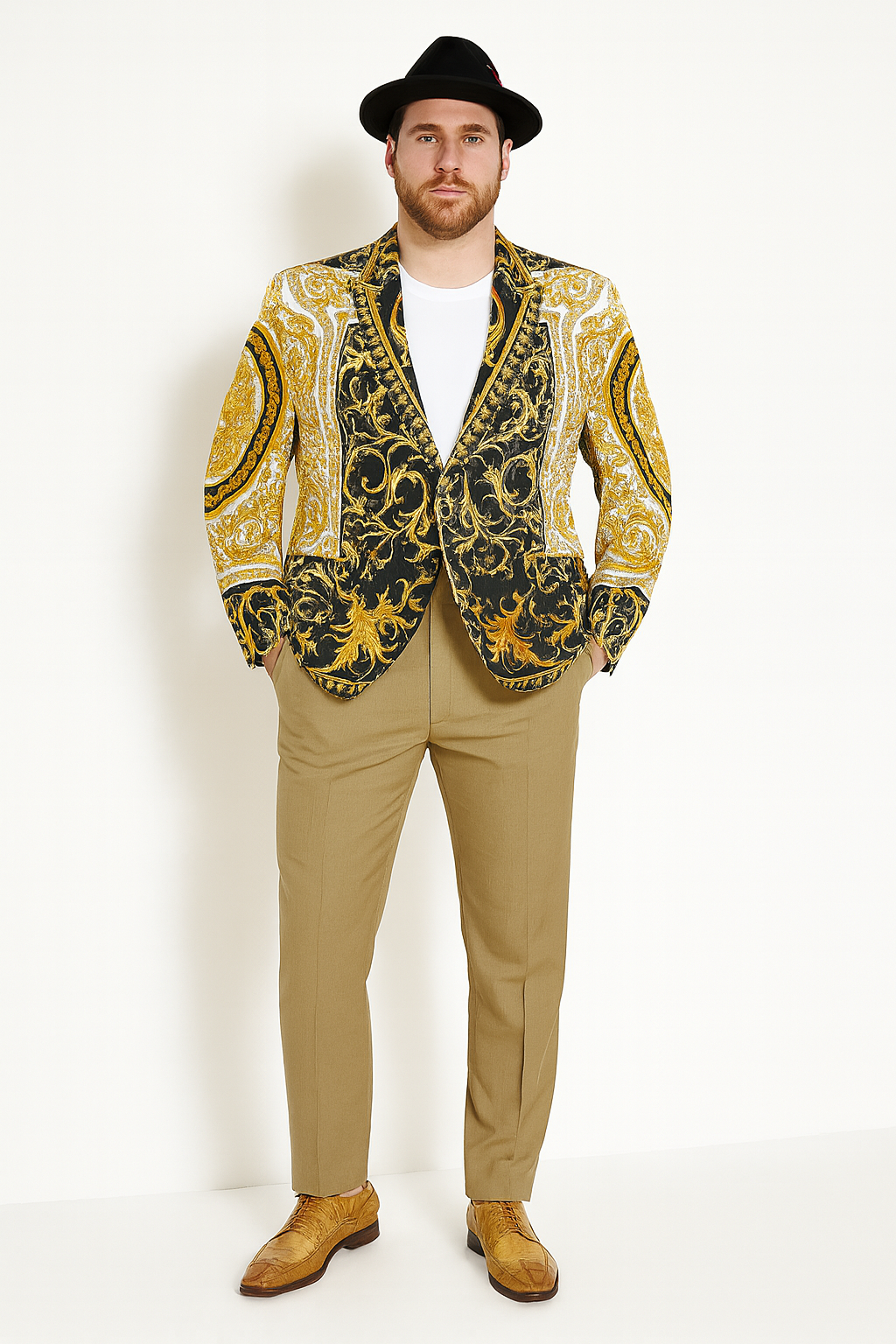 Menâ€™s Black and Gold Baroque Blazer with Matching Pants, Hat, and Shoes â€“ Luxury Party and Wedding Outfit Set - 36 Short