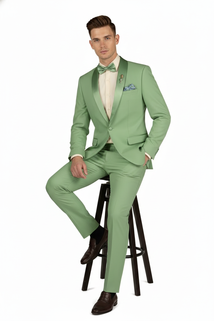 Mens Mint Green Tuxedo 2-Piece Formal Suit with Satin Shawl Lapel and Matching Bow Tie in  Sage Green