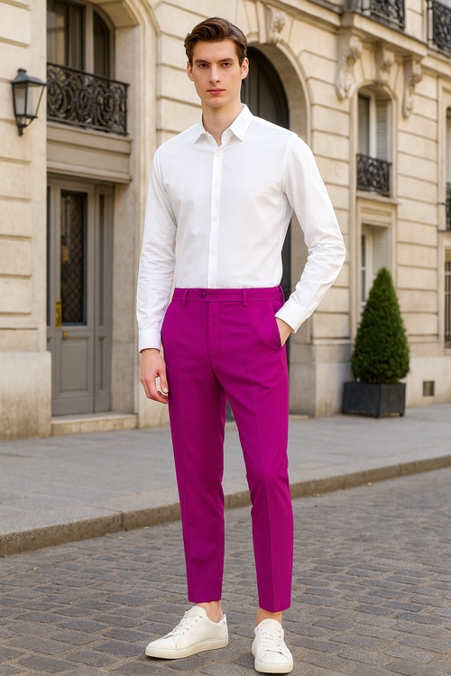 Mens Fuchsia Dress Pants Slim Fit Stylish Formal Trousers for Parties in Hot Pink Color