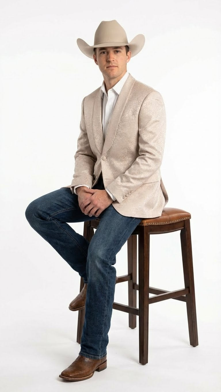 Men’s Tan Khaki Beige Cream Champaign Paisley Western Blazer Jacket, Embossed Dress Sport Coat for Wedding Party Rodeo Style - 36 Short