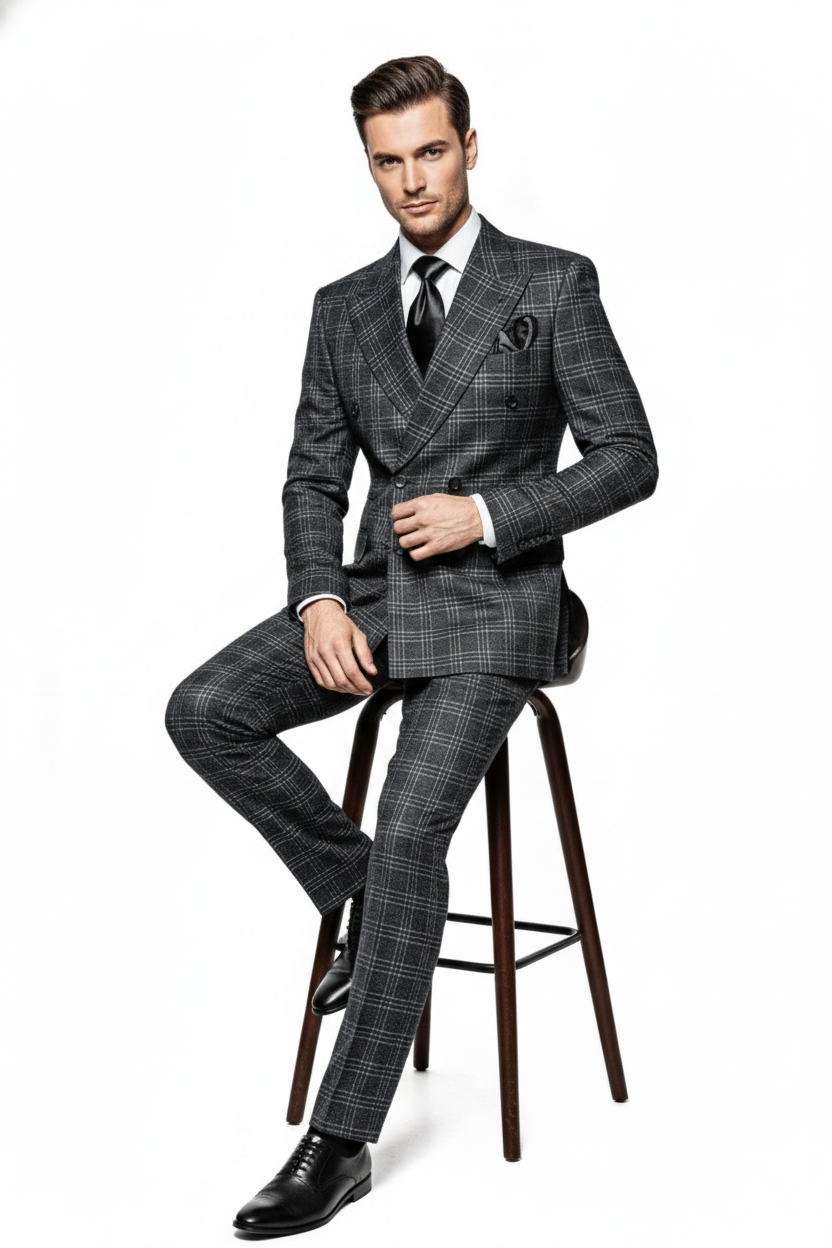 Men’s Charcoal Plaid Double-Breasted Suit –  Tailored Pants Windowpane Pattern By Rossiman - 34 Short or Extra Small