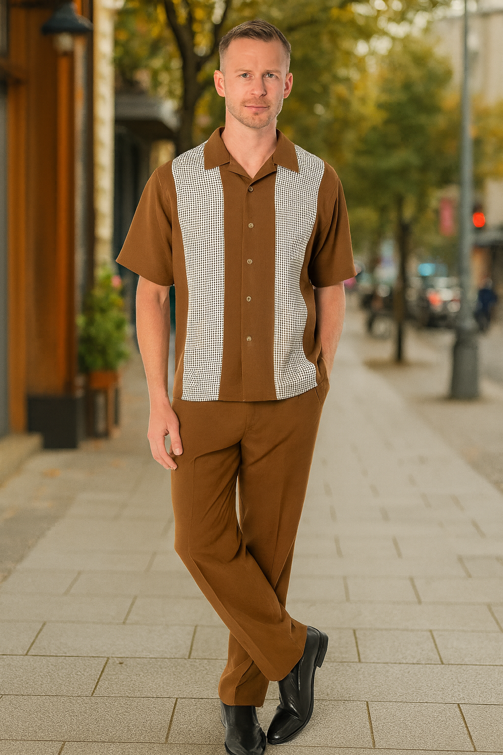 Mens Cognac Tan Two-Piece Outfit â€“ Short Sleeve Button-Up Shirt and Pants Set