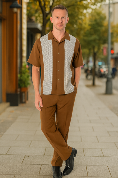 Mens Cognac Tan Two-Piece Outfit â€“ Short Sleeve Button-Up Shirt and Pants Set
