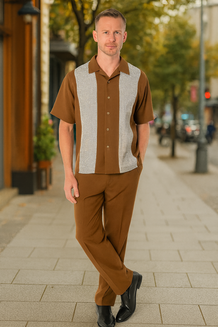 Mens Cognac Tan Two-Piece Outfit â€“ Short Sleeve Button-Up Shirt and Pants Set