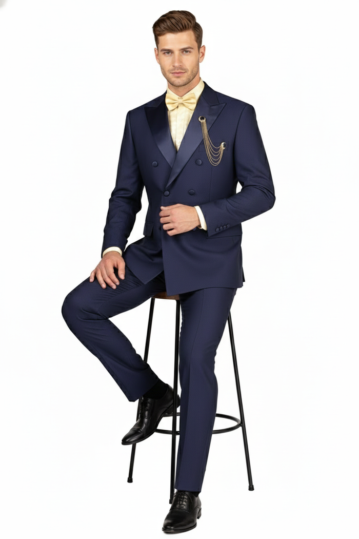 Mens Navy Blue Double-Breasted Tuxedo with navy Satin Peak Lapel Wedding Suit