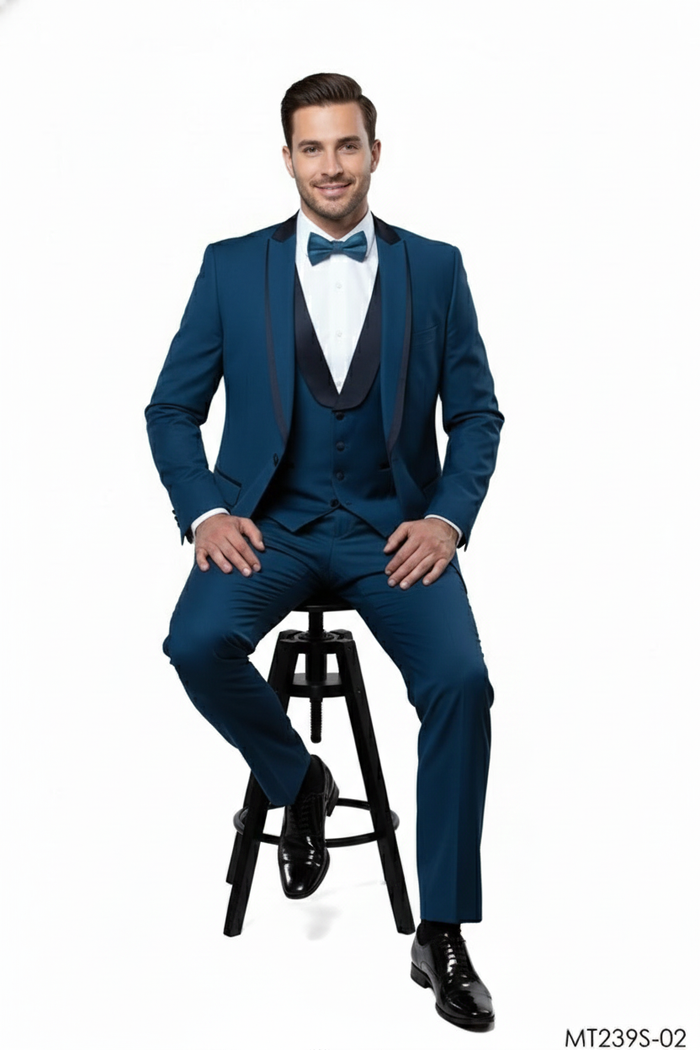 Mens Teal Blue Tuxedo 3-Piece Formal Suit with Satin Shawl Lapel, Vest, and Pants in Saphire Cobalt Blue Color