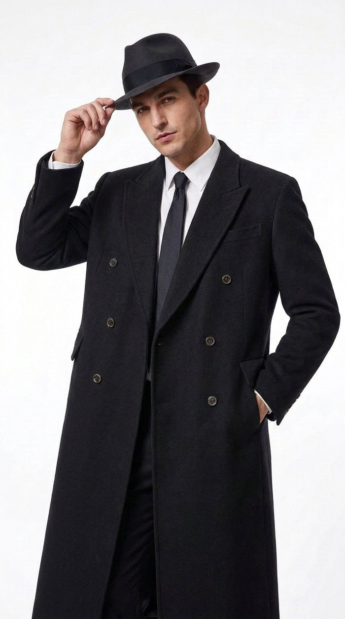 Men’s Godfather Black Double-Breasted Long Overcoat – Vintage Mobster Gangster Coat