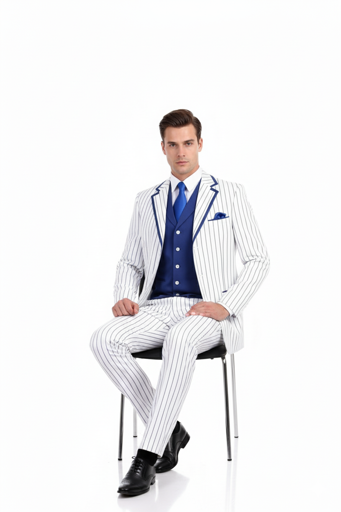 Mens White and Royal Blue Pinstripe 3-Piece Suit Classic Fit Blazer with Vest, Pants, and Tie