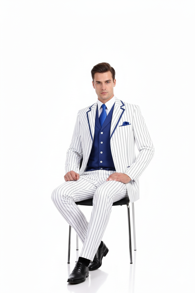 Men’s White and Royal Blue Pinstripe 3-Piece Suit – Classic Fit Blazer with Vest, Pants, and Tie - 34 Short