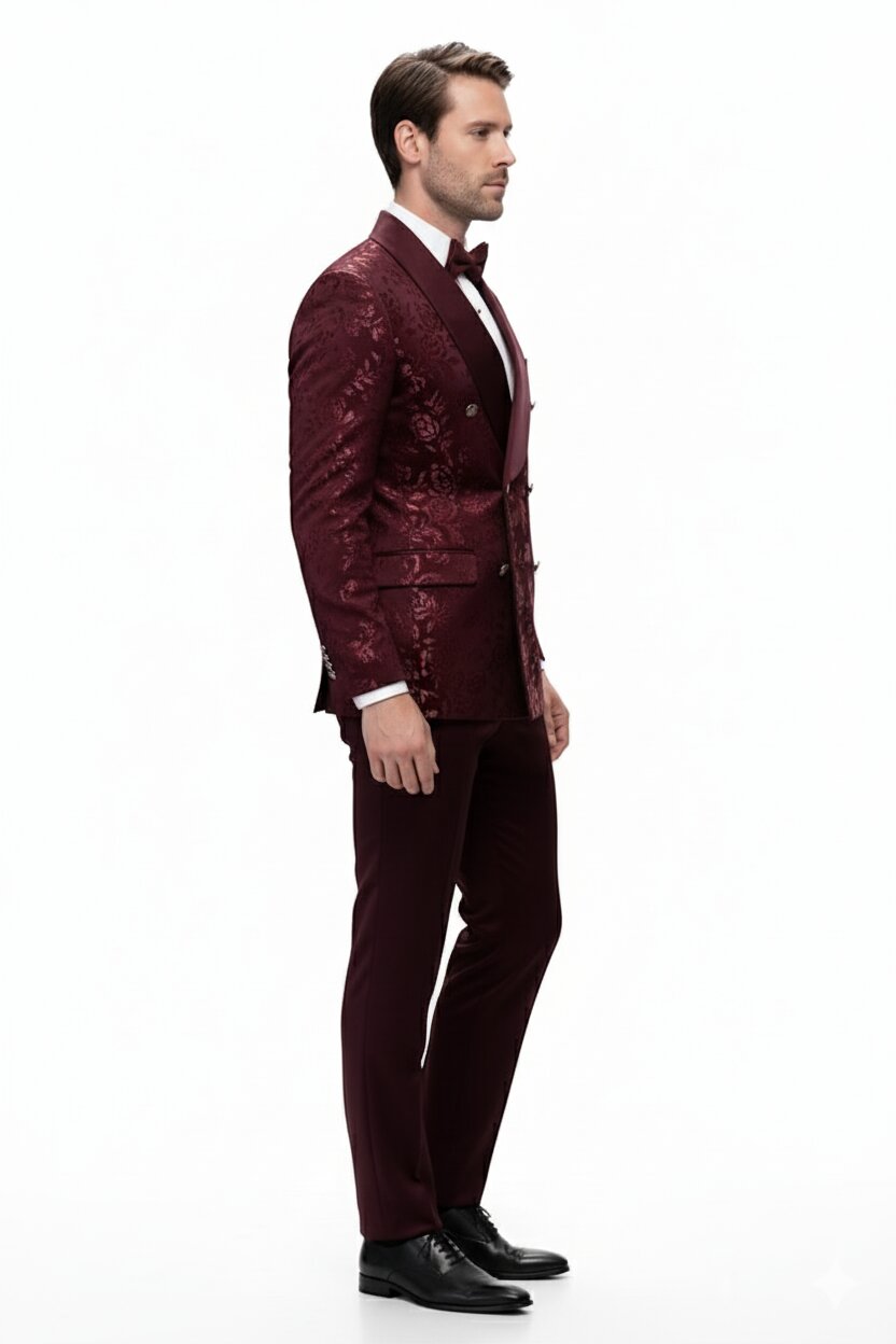 Mens Burgundy Floral Jacquard Tuxedo Dinner Jacket Paisley Velvet Lapel Formal Wear for Weddings and Prom - 34 Short or Extra Small