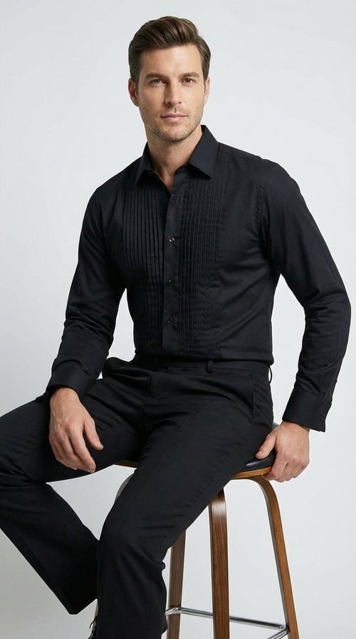 Mens Black Pleated Tuxedo Dress Shirt | Formal Laydown Collar Button-Up Shirt for Weddings & Black Tie By Tiglio