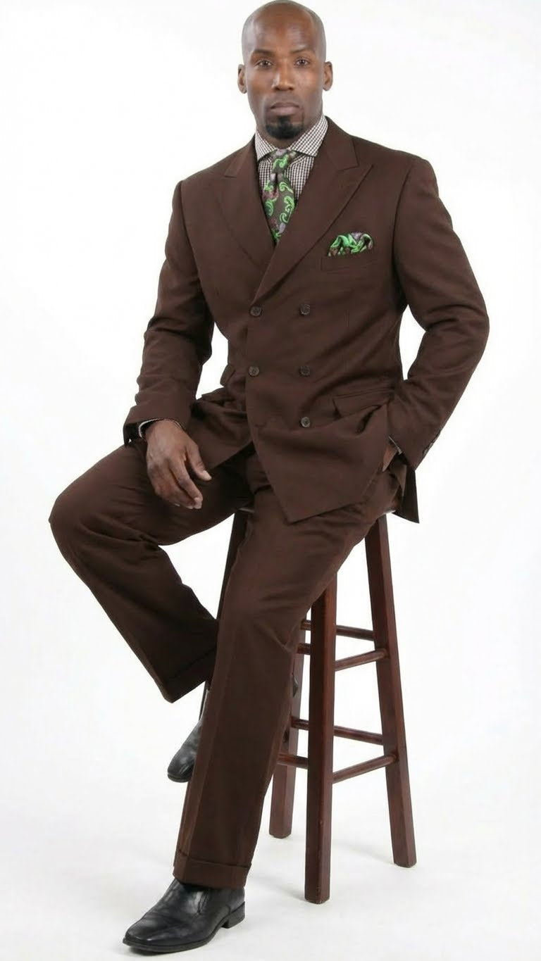 Mens 6 on 3 Style Brown Double Breasted Suit with Wide Leg Pleated Pants, Classic Formal 2 Piece Dress Suit Set - 34 Short or Extra Small