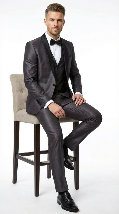 Mes Shiny Sateen Charcoal Gray Tuxedo 3 Piece Suit with Black Shawl Lapel | Formal Wedding Prom Suit Sharkskin
