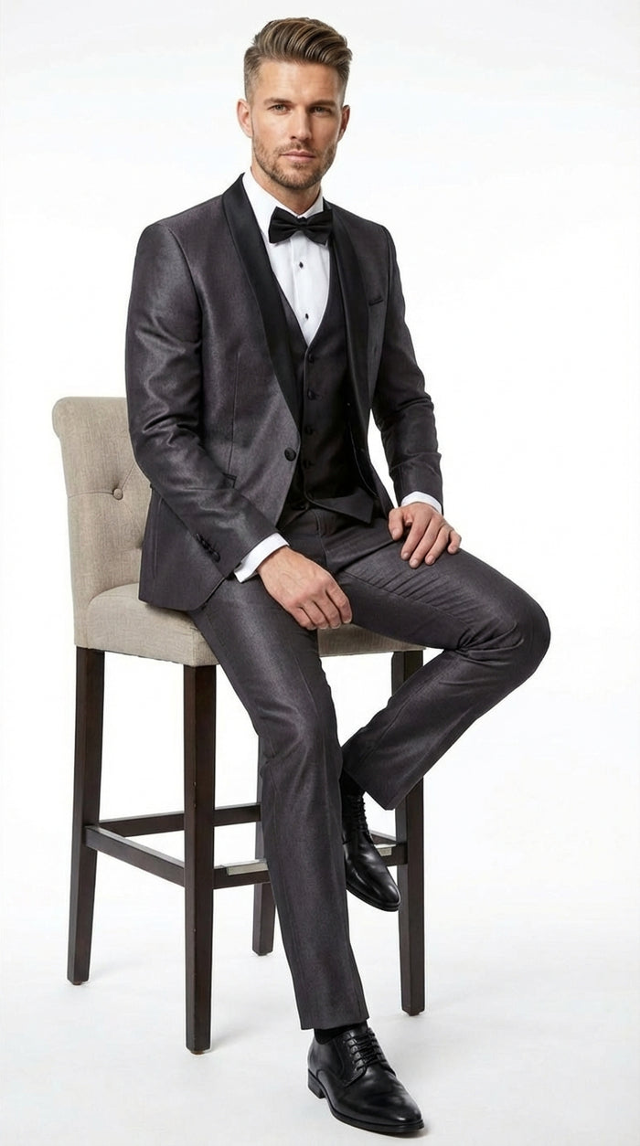 Mes Shiny Sateen Charcoal Gray Tuxedo 3 Piece Suit with Black Shawl Lapel | Formal Wedding Prom Suit Sharkskin