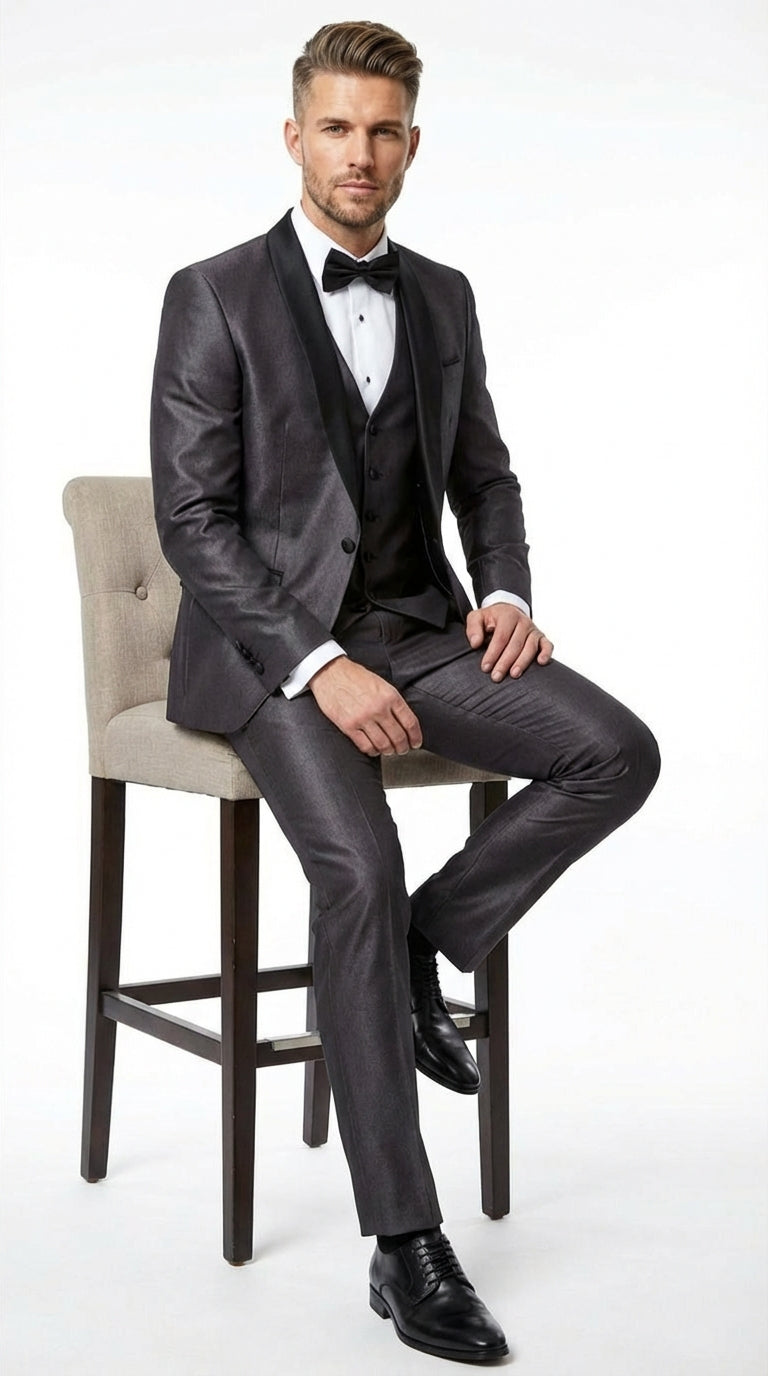 Mes Shiny Sateen Charcoal Gray Tuxedo 3 Piece Suit with Black Shawl Lapel | Formal Wedding Prom Suit Sharkskin