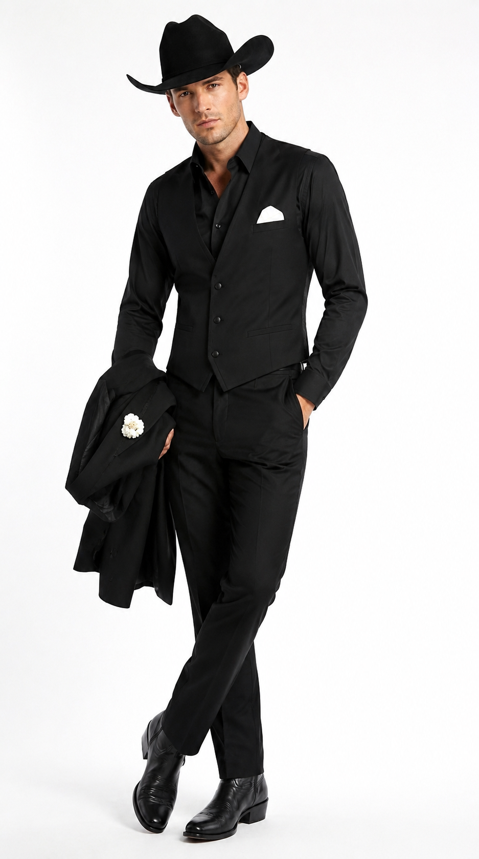 Men’s Black Western Tuxedo Suit, 3 Piece Cowboy Formal Wedding Prom Suit with Satin Trim