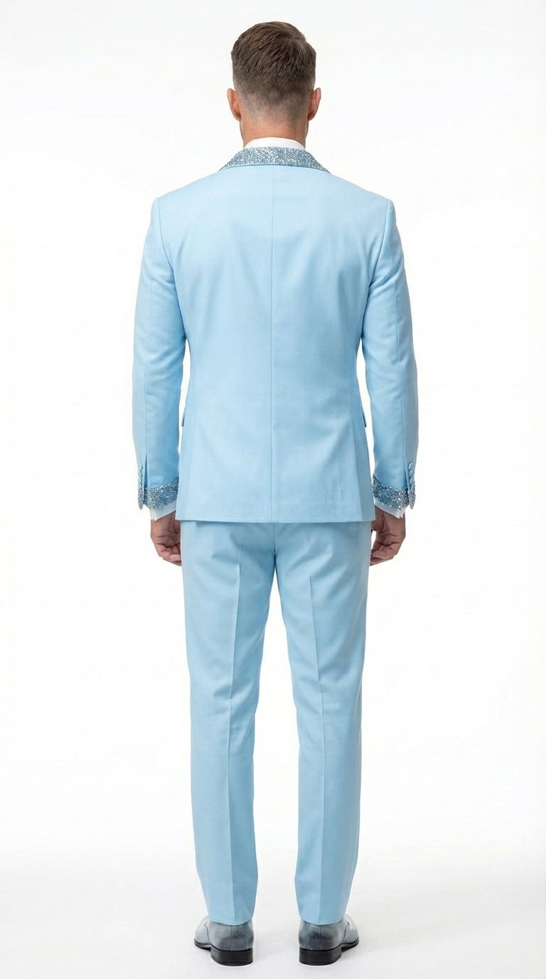 Mens Light Blue 3 Piece Prom Tuxedo – Sky Blue Formal Suit with Sequin Lapel Wedding Party Tuxedo Set in Baby Blue - 34 Short or Extra Small