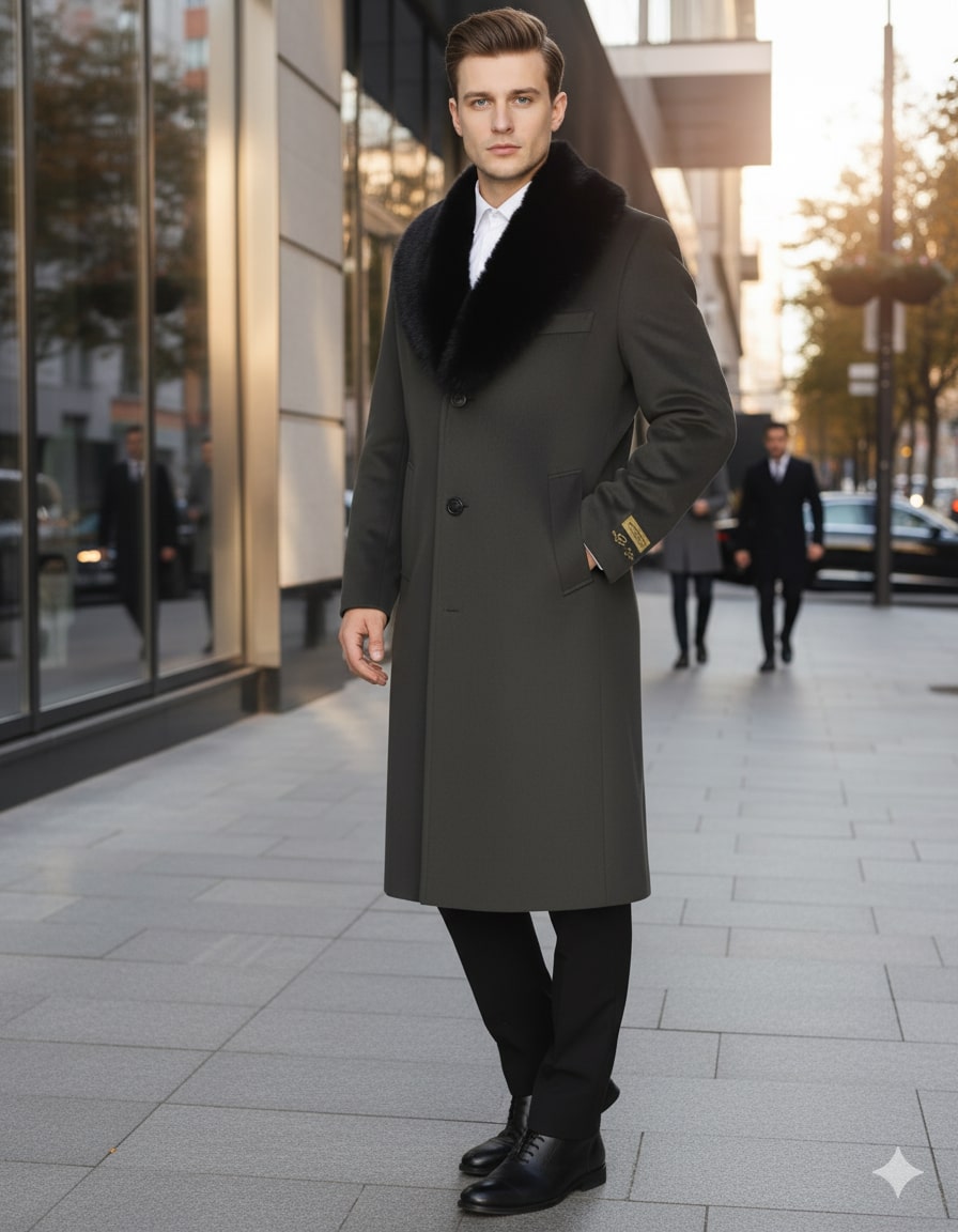 Mens Full Length Olive Overcoat with Black Fur Collar – Luxury Wool Fabric Winter Long Coat in Hunter Green - Coat Size 38