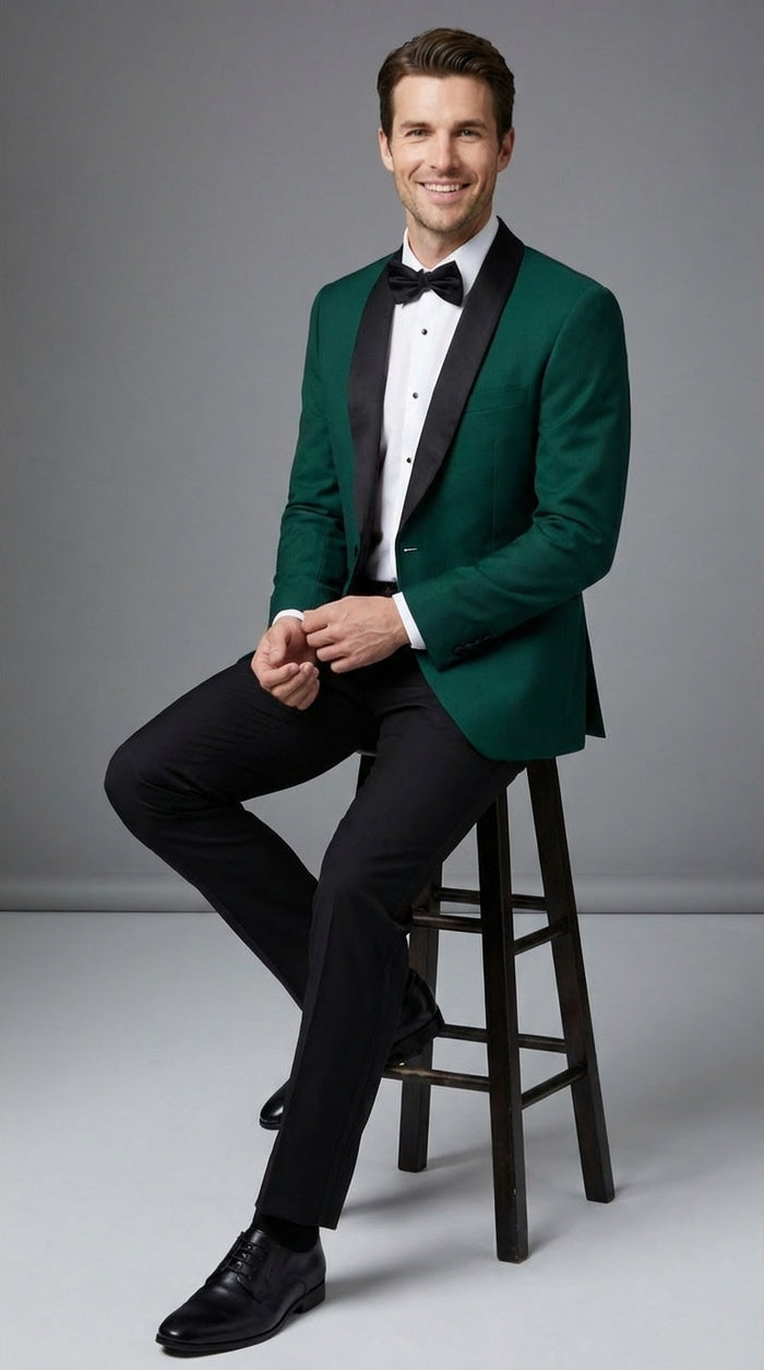 Mens Emerald Green Tuxedo Jacket with Black Satin Shawl Lapel | Prom Dinner Blazer