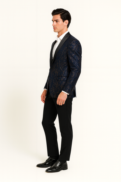 Mens Navy Blue Sequin Tuxedo Jacket with Black Satin Shawl Lapel – Luxury Prom and Wedding Blazer
