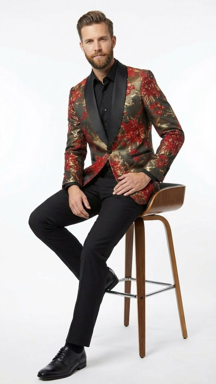 Mens Red and Gold Floral Pattern Paisley  Shawl Lapel | Luxury Evening and Party Wear Jacket Prom Christmas New Year Blazer