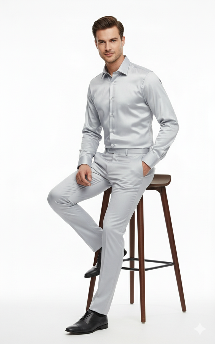 Mens Silver Satin Dress Shirt and Pants Set Luxury Slim Fit Outfit for Parties, Weddings, and Formal Events
