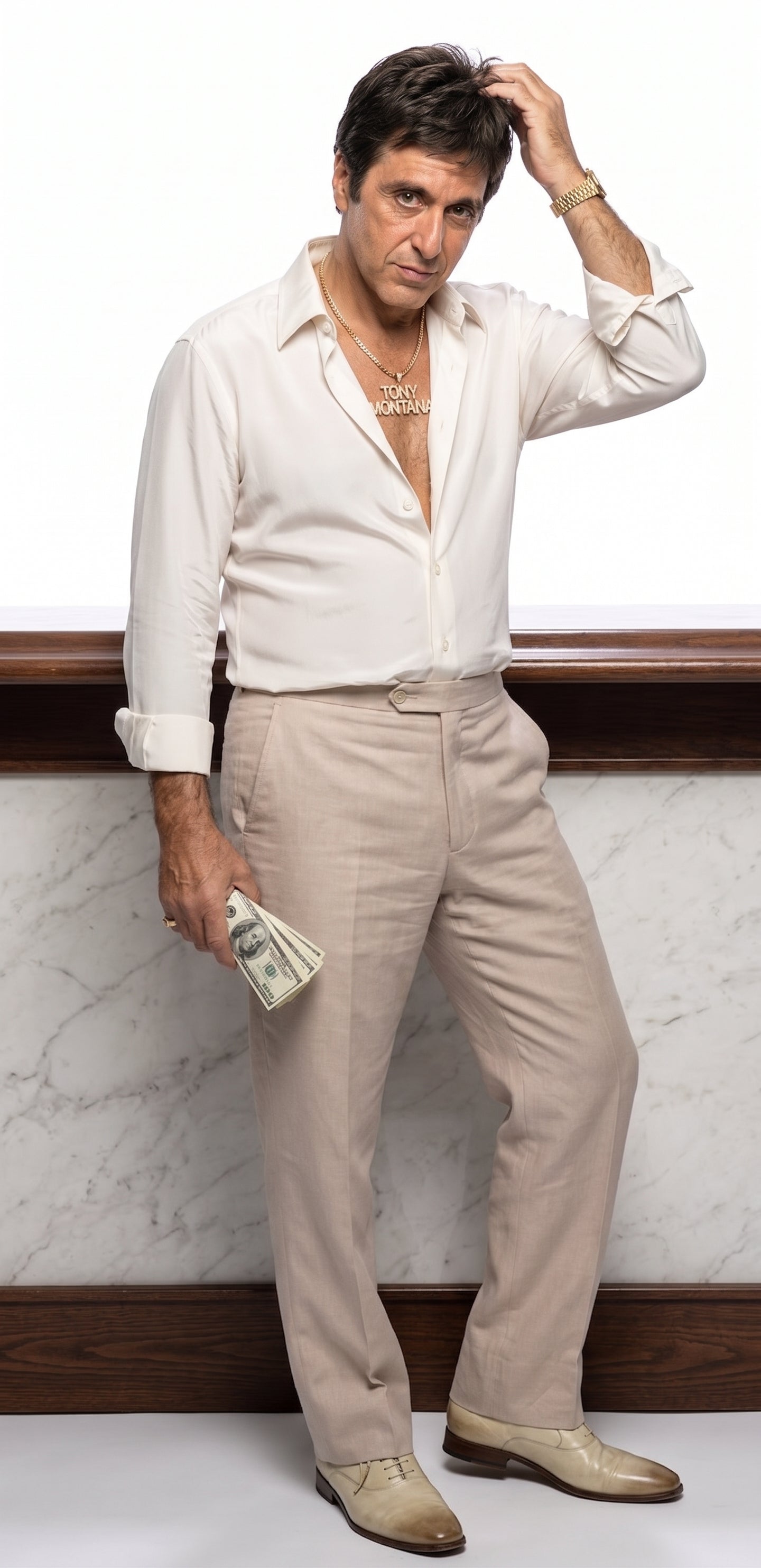 Tony Montana’s White Linen Shirt and Tan Pants – Men’s White Formal Shirt with Tan Trousers for Party, Wedding and Vintage Style Outfit - 15.5” Neck / 32-33” Sleeve