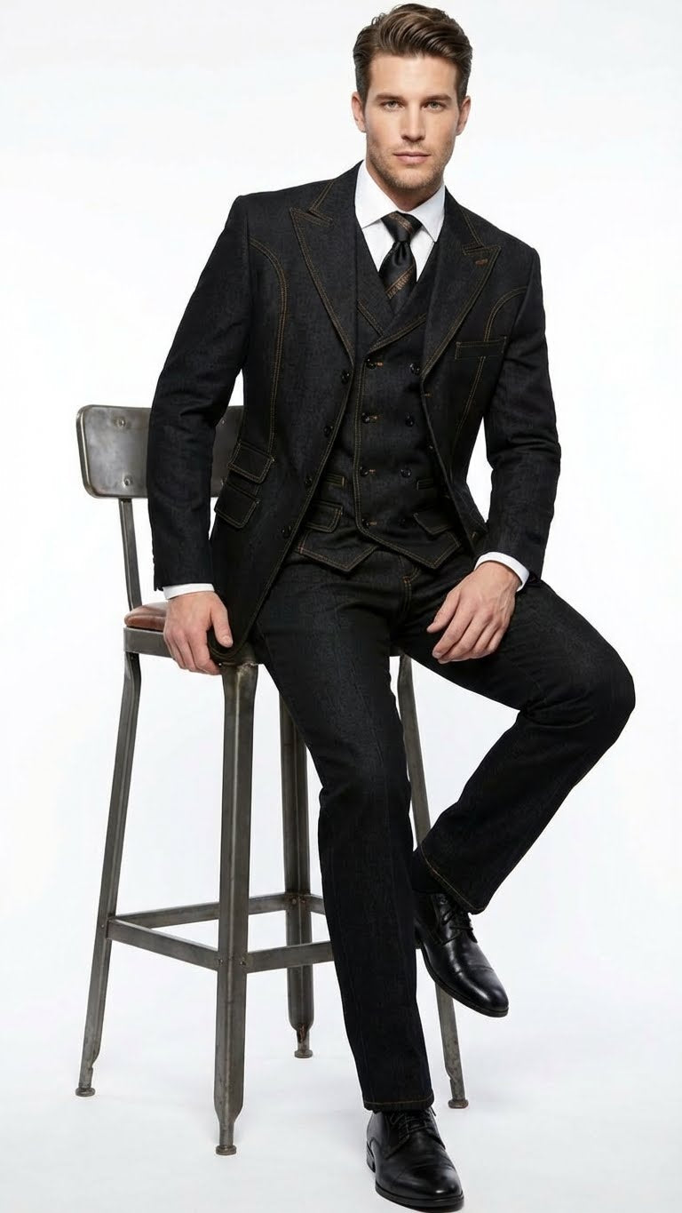 Men's Black Denim Fabric Suit – Classic Three Piece Denim Suit for Wedding, Prom and Church Wear - 34 Short or Extra Small