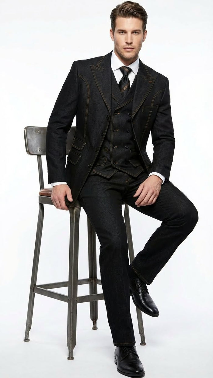 Men's Black Denim Fabric Suit Classic Three Piece Denim Suit for Wedding, Prom and Church Wear