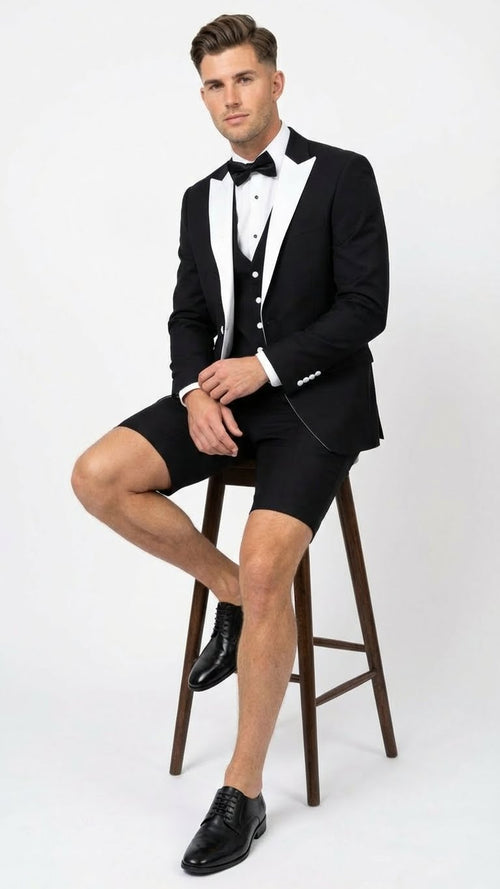 Mens Black and White Tuxedo Shorts Suit Modern Formal Tuxedo with Short Pants for Wedding, Party and Special Events