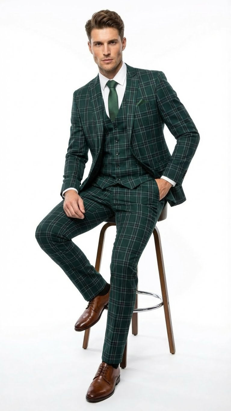 Men's Dark Green Plaid 3 Piece Suit Checkered Suit Set for Wedding, Windowpane Tartan Fabric - Ultra Slim Fit