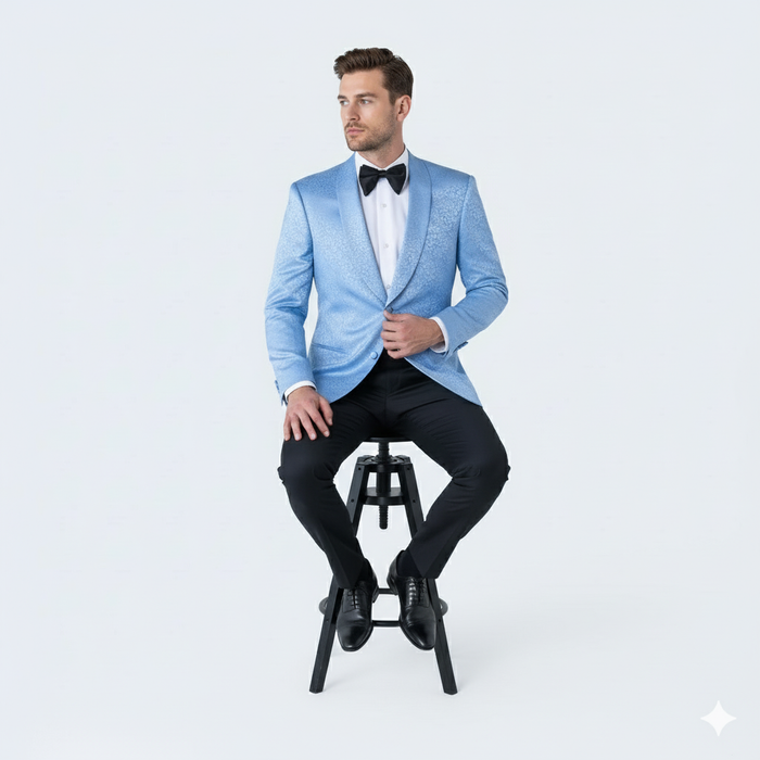 Mens Light Blue Paisley Tuxedo Jacket Elegant Satin Shawl Lapel Dinner Blazer for Weddings, Proms in Sky Powder Blue Color Bowtie