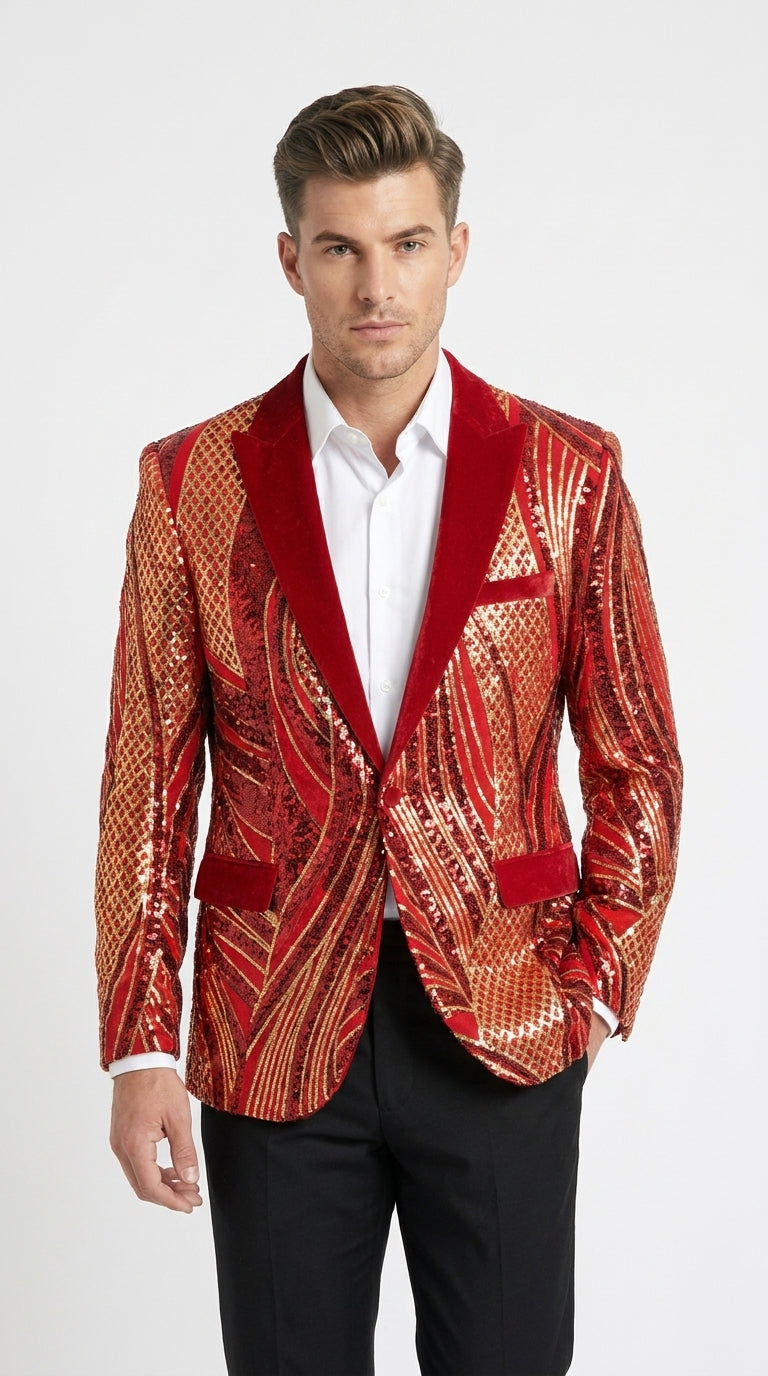 Men’s Red and Gold Sequin Christmas Holiday Blazer – Luxury Party Jacket for New Year, Wedding and Festive Events - 36 Short